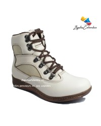 Botas en Cuero Beige para Dama. Outdoor 0705 Planas, suaves, de Amarrar 1001