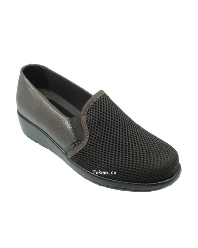 Calzado Mocasín suave Dama. Medisofty Cuero + Malla, 6525 Café