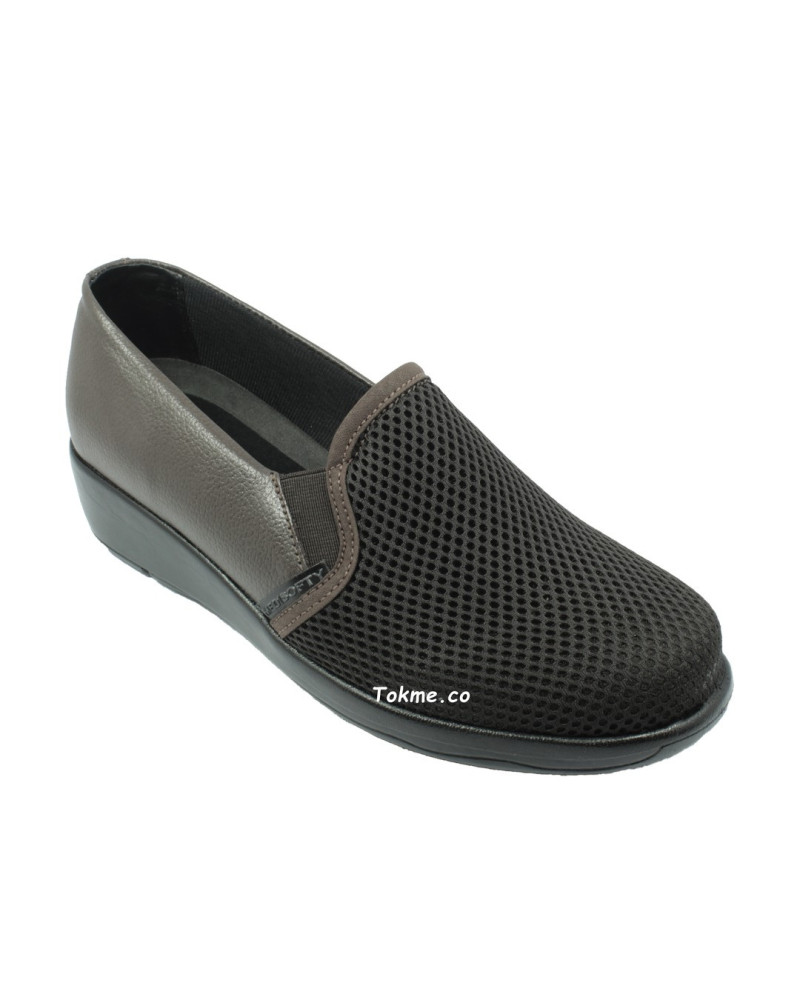 Calzado Mocasín suave Dama. Medisofty Cuero + Malla, 6525 Café